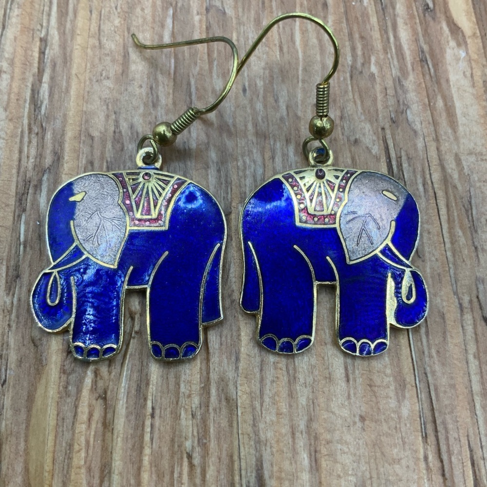 Cloisonne Cobalt Blue Enamel Gold Tone Elephant Vintage Dangle Earrings